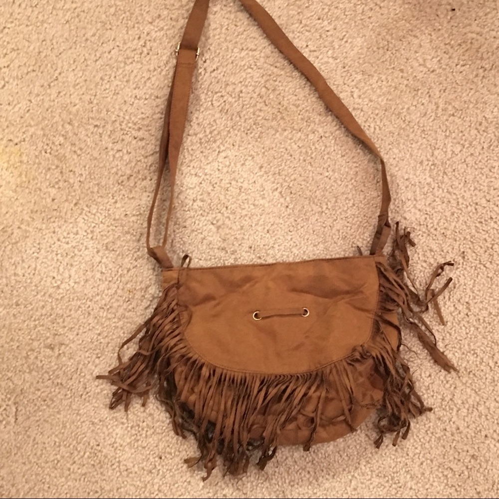 Brown suede fringe crossbody shoulder bag